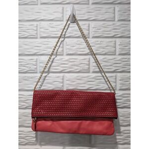 Laudi Vidni Fold Over Dolce Clutch Woven Leather Pink Coral Gold Chain Strap